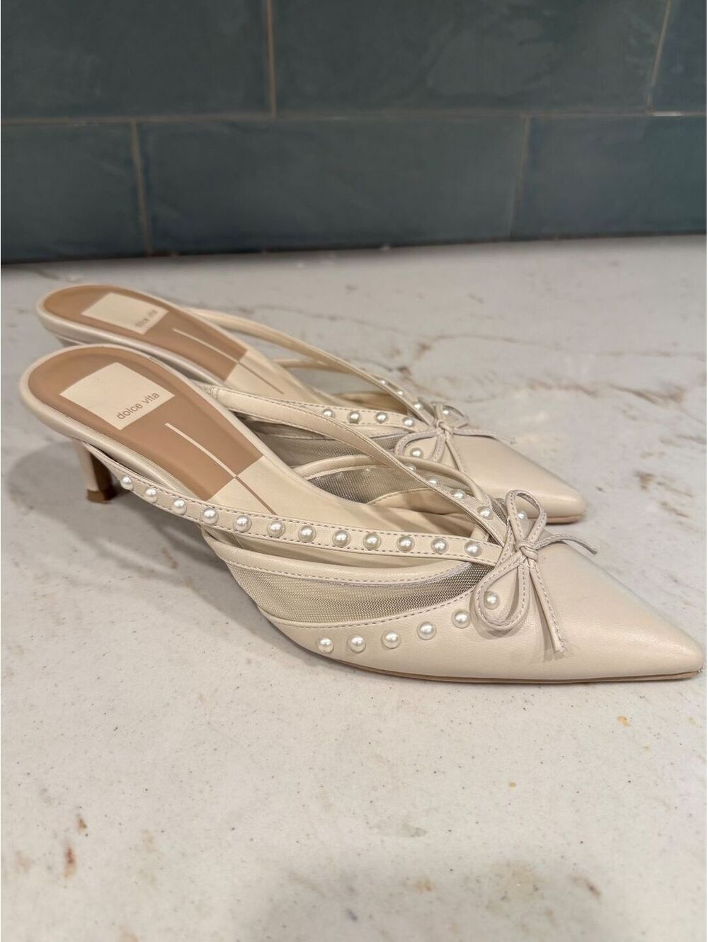 Dolce Vita Keilah Pearl Embellished Cream Pointed Mules Pristine Sz.6.5